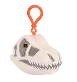 A plush T.rex skull key chain by Giantmicrobes featuring a white and gray design with a smiling expression and an orange clip for attachment. Ideal for dinosaur fans and keychain collectors.