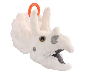 Triceratops skull key chain made by Giantmicrobes. The key chain features a plush representation of a Triceratops skull with detailed facial features, including eyes and teeth. It has an orange keyring attachment for easy carrying.