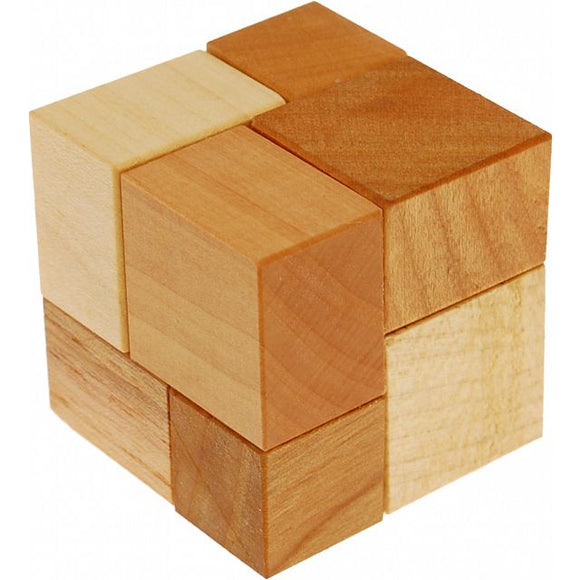 One-minute Puzzle by VINCO, a mechanical puzzle featuring interlocking wooden pieces with various shades of wood, designed to challenge the mind and improve problem-solving skills.