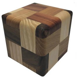 Heblo mechanical puzzle by VINCO, featuring a unique design made from various types of wood. The cube exhibits a patchwork of different wood tones, enhancing its aesthetic appeal and providing an engaging tactile experience for puzzle enthusiasts.