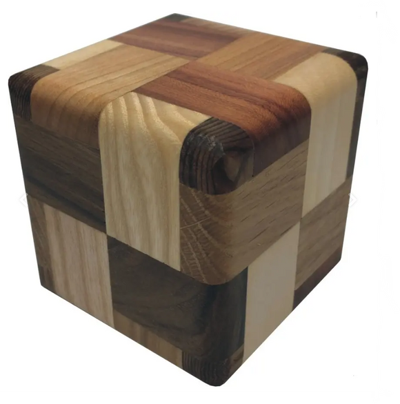 Heblo mechanical puzzle by VINCO, featuring a unique design made from various types of wood. The cube exhibits a patchwork of different wood tones, enhancing its aesthetic appeal and providing an engaging tactile experience for puzzle enthusiasts.