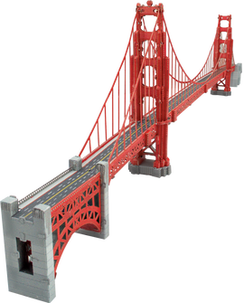 A detailed DIY kit model of the Golden Gate Bridge, crafted by Fascinations. The model showcases intricate design elements, including cables, towers, and roadways, illustrating the iconic structure in vibrant red and gray.