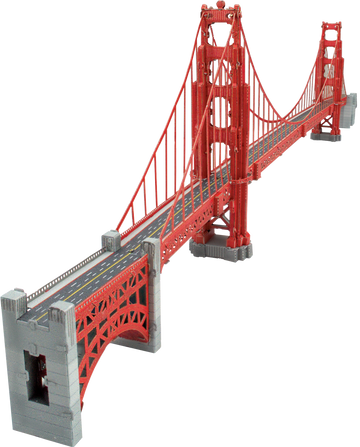 A detailed DIY kit model of the Golden Gate Bridge, crafted by Fascinations. The model showcases intricate design elements, including cables, towers, and roadways, illustrating the iconic structure in vibrant red and gray.