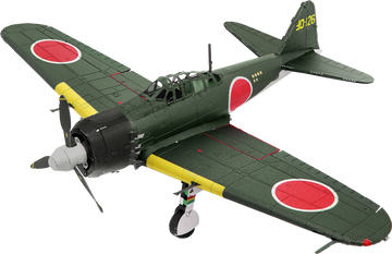 Mitsubishi Zero colored DIY model kit by Fascinations, showcasing detailed design with distinctive green body, red circles, and yellow wing tips. Ideal for hobbyists and model builders.