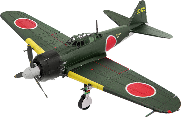 Mitsubishi Zero colored DIY model kit by Fascinations, showcasing detailed design with distinctive green body, red circles, and yellow wing tips. Ideal for hobbyists and model builders.