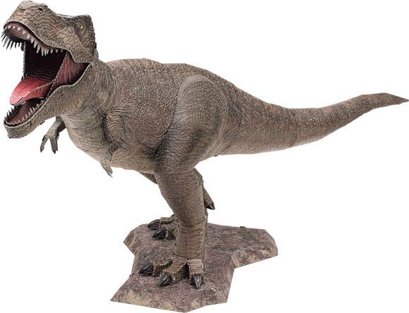 Detailed model of a Tyrannosaurus Rex from the DIY kit by Fascinations. The T-Rex features realistic textures and colors, showcasing its fierce expression and powerful stance.