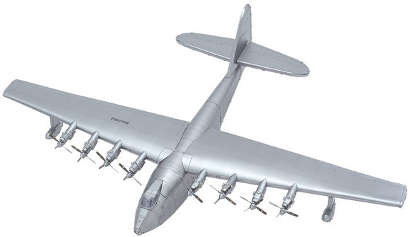 The Spruce Goose DIY kit by Fascinations showcases a detailed model of the iconic large airplane. The model features a sleek silver finish and depicts the eight engines and wide wingspan, ideal for aviation enthusiasts and hobbyists looking to create a stunning display piece.