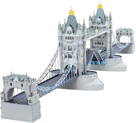 A detailed 3D model of London Tower Bridge made from metal parts. The model features intricate designs, including two large towers, a movable center section, and the iconic blue and white suspension cables, all set on a sturdy base, making it a perfect DIY kit for enthusiasts.