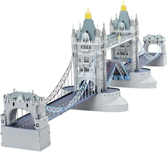 A detailed 3D model of London Tower Bridge made from metal parts. The model features intricate designs, including two large towers, a movable center section, and the iconic blue and white suspension cables, all set on a sturdy base, making it a perfect DIY kit for enthusiasts.