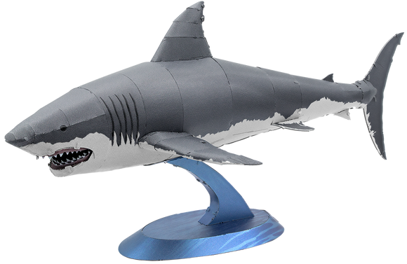 A detailed DIY model of a Great White Shark made by Fascinations, showcasing intricate design elements and realistic features. The shark is mounted on a sleek blue base, emphasizing its lifelike appearance. Ideal for marine enthusiasts and collectors, this model provides an engaging building experience.