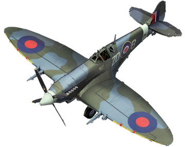 The Supermarine Spitfire DIY kit by Fascinations features an intricately detailed model plane with authentic historical markings. The model showcases the iconic curved wings and cockpit structure typical of the Spitfire, with vibrant colors including olive green and blue roundels, highlighting its renowned design.