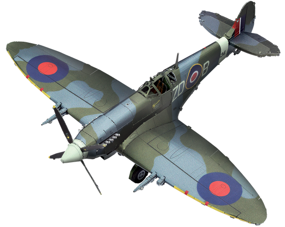 The Supermarine Spitfire DIY kit by Fascinations features an intricately detailed model plane with authentic historical markings. The model showcases the iconic curved wings and cockpit structure typical of the Spitfire, with vibrant colors including olive green and blue roundels, highlighting its renowned design.