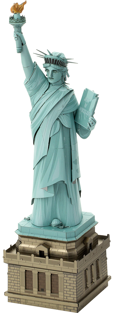 A detailed DIY kit of the Statue of Liberty by Fascinations. The model showcases the iconic statue holding a torch and a book, standing on a pedestal. It features intricate design elements and is made of lightweight materials, perfect for assembling as a creative project.