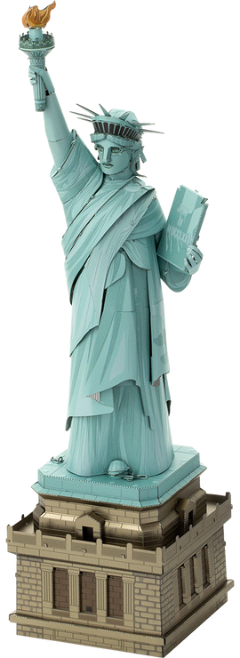A detailed DIY kit of the Statue of Liberty by Fascinations. The model showcases the iconic statue holding a torch and a book, standing on a pedestal. It features intricate design elements and is made of lightweight materials, perfect for assembling as a creative project.