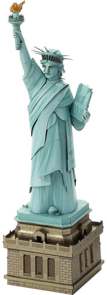 A detailed DIY kit of the Statue of Liberty by Fascinations. The model showcases the iconic statue holding a torch and a book, standing on a pedestal. It features intricate design elements and is made of lightweight materials, perfect for assembling as a creative project.