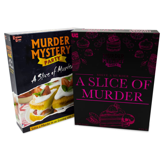 Two boxes of the murder mystery party game titled 'A Slice of Murder' by University Games. The left box features a colorful dessert, indicating gameplay involving food and mystery. The right box has a dark design with pink lettering, showcasing the title prominently along with motifs of cakes and a skull, hinting at a fun yet thrilling experience.