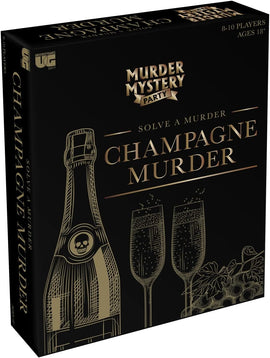 The Champagne Murder board game by University Games, featuring luxurious illustrations of a champagne bottle and flutes. This intriguing murder mystery game is designed for 8-10 players aged 18 and above, encouraging participants to solve a captivating murder case while enjoying a sophisticated evening.