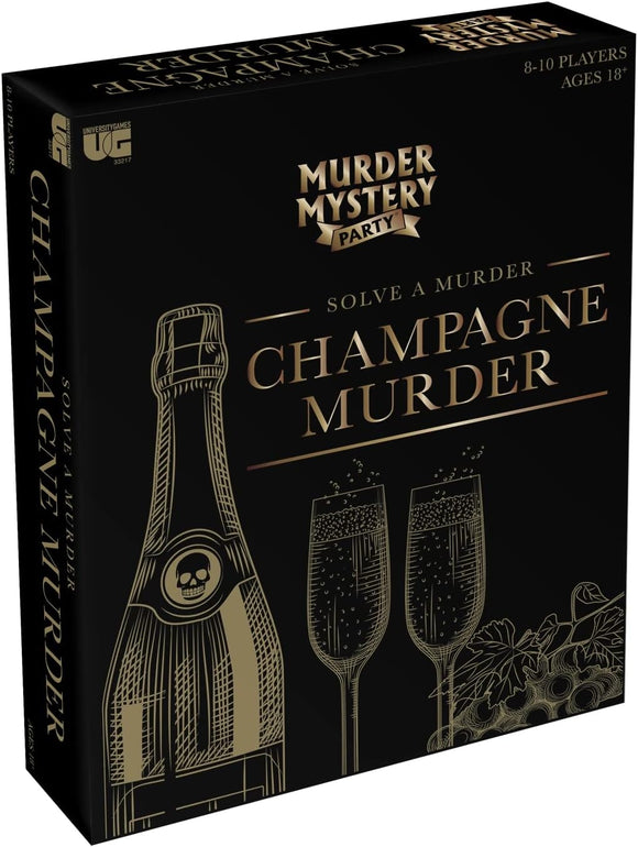 The Champagne Murder board game by University Games, featuring luxurious illustrations of a champagne bottle and flutes. This intriguing murder mystery game is designed for 8-10 players aged 18 and above, encouraging participants to solve a captivating murder case while enjoying a sophisticated evening.