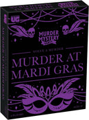 The board game 'Murder at Mardi Gras' by University Games features a black box decorated with purple graphics of skulls, beads, and a masquerade mask, inviting players to solve a murder mystery at a festive Mardi Gras event. Designed for 8 players ages 18 and up, it promises an engaging and thrilling party experience.