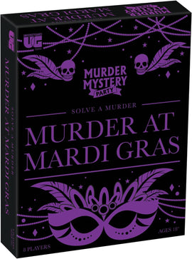 The board game 'Murder at Mardi Gras' by University Games features a black box decorated with purple graphics of skulls, beads, and a masquerade mask, inviting players to solve a murder mystery at a festive Mardi Gras event. Designed for 8 players ages 18 and up, it promises an engaging and thrilling party experience.