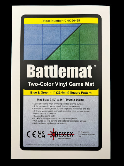 Chessex Blu/Grn Reversible Battle Mat showcasing a two-color design with blue and green sections. Measures 23.5" x 26" and features a 1" square grid pattern. Ideal for tabletop games, this durable vinyl mat provides a versatile playing surface and easy storage options. Designed to accommodate various game types, perfect for strategy and role-playing games.
