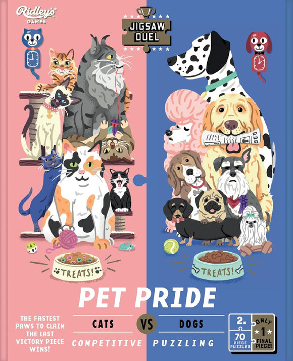 Colorful Jigsaw puzzle featuring cats and dogs in a playful duel. The left side displays various cats and treats, while the right side showcases an array of dogs with their dishes. Ideal for pet lovers, this competitive puzzle offers 70 pieces and promises fun for all ages.