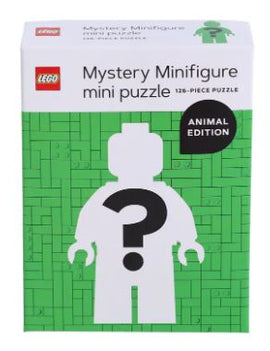 LEGO Mystery Minifigure Puzzle box featuring a green design with a silhouette of a minifigure and a question mark. It is a 126-piece jigsaw puzzle in the Animal Edition.