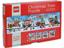 LEGO Puzzle Christmas Train, a jigsaw puzzle set featuring four connecting 100-piece puzzles showcasing a festive train scene with Christmas decorations and characters in a winter landscape.