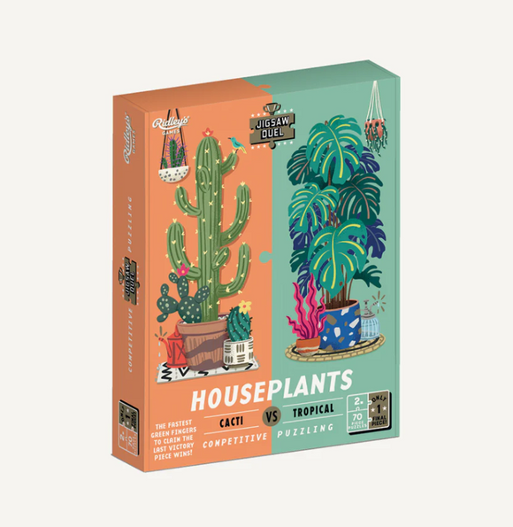Puzzle Jigsaw Duel Houseplants by Ridley's Games, featuring colorful illustrations of cacti and tropical plants, promotes competitive puzzling for 2-7 players. The box design showcases vibrant green and orange themes, enticing plant enthusiasts and puzzle lovers alike.
