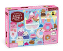 Scratch and Sniff Cat Cafe jigsaw puzzle by Mudpuppy featuring colorful illustrations of various desserts and cute cat characters, with a playful and whimsical design. The puzzle box shows 60+ durable pieces and highlights the unique scratch and sniff elements that add sensory fun to the puzzle experience.