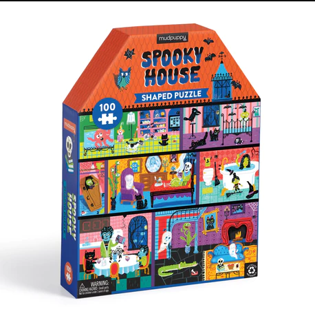 The House Shaped Spooky House jigsaw puzzle by Mudpuppy features a colorful, whimsical design filled with ghosts, monsters, and Halloween-themed decorations. The puzzle box is shaped like a house, with vibrant illustrations on the sides showcasing a spooky interior scene. Perfect for fans of Halloween and jigsaw puzzles, this 100-piece set offers a fun challenge and festive decor for the season.