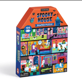 The House Shaped Spooky House jigsaw puzzle by Mudpuppy features a colorful, whimsical design filled with ghosts, monsters, and Halloween-themed decorations. The puzzle box is shaped like a house, with vibrant illustrations on the sides showcasing a spooky interior scene. Perfect for fans of Halloween and jigsaw puzzles, this 100-piece set offers a fun challenge and festive decor for the season.