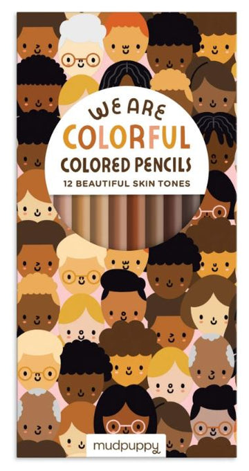 The 'We Are Colorful' Pencil Set by Mudpuppy features a vibrant and inclusive design showcasing diverse characters with various skin tones. The packaging displays 12 colored pencils representing beautiful skin tones, perfect for creative projects that celebrate diversity.