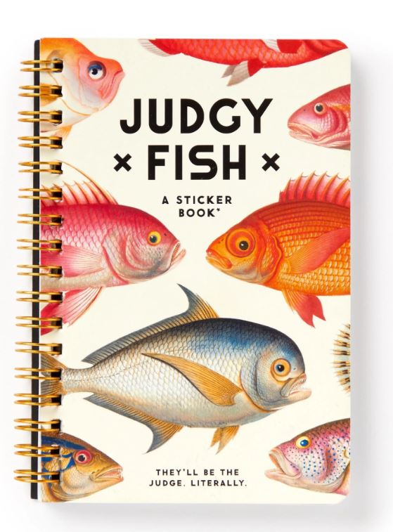 Judgy Fish Sticker Book by Brass Monkey featuring colorful fish illustrations on a spiral-bound cover. The title 'Judgy Fish' is prominently displayed along with playful fish graphics in various hues, inviting creativity and fun.