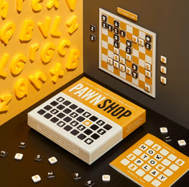 Pawn Shop Magnetic Game Set by Brass Monkey featuring a vibrant yellow and black design. The image shows the game box, a magnetic chessboard with pieces, and a 'How to Play' guide. It highlights a casual chess experience perfect for all ages.
