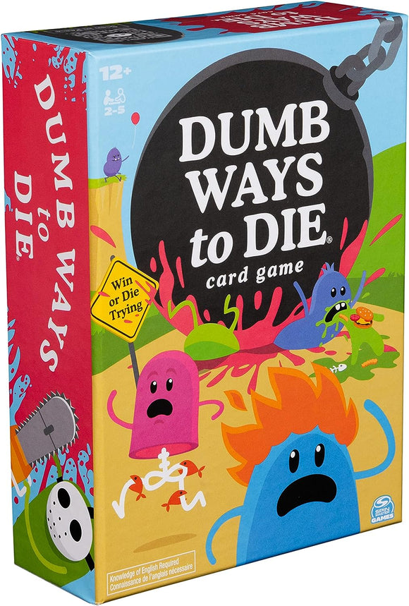 The packaging of 'Dumb Ways to Die, The Game!' by Spinmaster features vibrant illustrations of quirky characters in humorous, perilous situations, with a bold title and 'Win or Die Trying' tagline. It's designed for 2-5 players aged 12 and up.