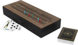 Cardinal Legacy Deluxe Cribbage game set featuring a beautifully crafted wooden cribbage board with colorful pegs, along with a deck of playing cards. Ideal for family game nights.