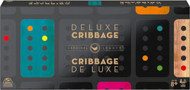 Cardinal Legacy Deluxe Cribbage game box by Spinmaster. The sleek design features vibrant colored dots over a dark background with the game title prominently displayed in gold lettering. Suitable for 2-4 players aged 8 and up.