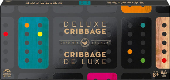 Cardinal Legacy Deluxe Cribbage game box by Spinmaster. The sleek design features vibrant colored dots over a dark background with the game title prominently displayed in gold lettering. Suitable for 2-4 players aged 8 and up.