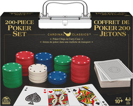 Cardinal Classics 200-piece poker set by Spinmaster includes a variety of colorful poker chips and playing cards, packaged in a portable carrying case. Ideal for game nights and poker enthusiasts, the set comes with red, blue, green, and white chips, along with a deck of playing cards featuring classic designs.