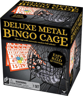 Deluxe Metal Bingo Cage Set by Spinmaster featuring a sleek metal design. The cage is surrounded by colorful bingo cards and displays easy-to-read numbers. Includes an automatic random ball selector for a seamless playing experience.