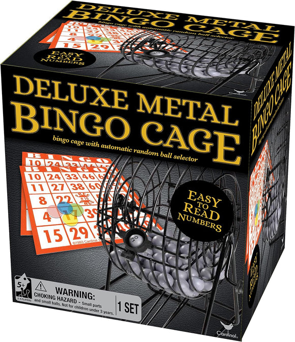 Deluxe Metal Bingo Cage Set by Spinmaster featuring a sleek metal design. The cage is surrounded by colorful bingo cards and displays easy-to-read numbers. Includes an automatic random ball selector for a seamless playing experience.