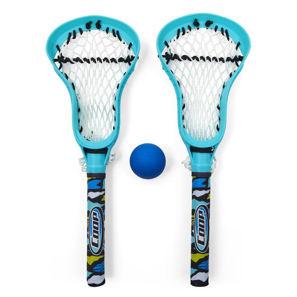 Hydro Lacrosse game set by Spinmaster featuring two blue lacrosse sticks with netting and a blue ball in the center. Perfect for active play and skill development.