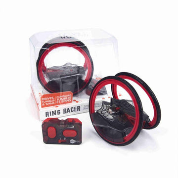 HEXBUG Ring Racer toy set featuring a car with unique ring wheels, designed for driving, tumbling, and spinning. Includes a remote control for maneuvering.