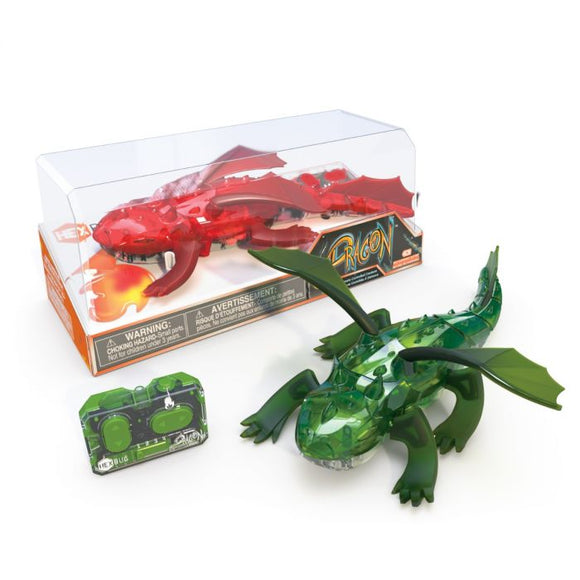 The HEXBUG Dragon Remote Control set features a vibrant green and red dragon with movable wings and a remote control. The dragons are displayed in their packaging, showcasing intricate details and colorful designs, perfect for hours of imaginative play.
