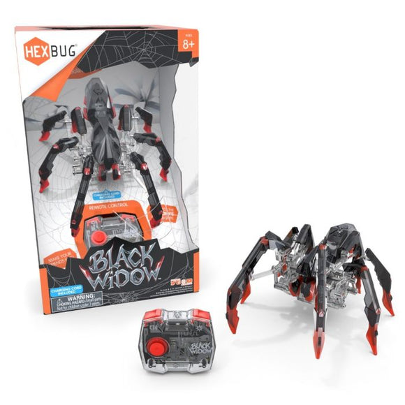 The HEXBUG Black Widow is a remote-controlled spider toy, featuring a sleek black and red design. The product is displayed alongside its clear remote control, both nestled within an illustrated box showcasing a web pattern. The spider has articulated legs for realistic movement and is aimed at ages 8 and up.