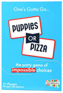 Puppies or Pizza is a fun party game designed for 2 or more players, featuring whimsical graphics and the tagline 'the party game of impossible choices.' The vibrant blue background complements the bold title cards, creating an inviting look that promises laughter and engaging discussions.