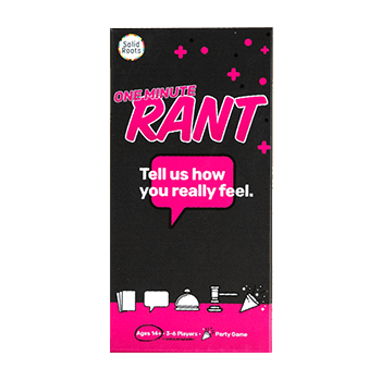 One Minute Rant game by Solid Roots, featuring a bold pink and black design with the title prominently displayed. The game encourages players to express their thoughts in a fun, party-style format. It is designed for 3-8 players, ages 14 and up, promising engaging conversations and laughter among friends.