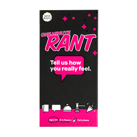 One Minute Rant game by Solid Roots, featuring a bold pink and black design with the title prominently displayed. The game encourages players to express their thoughts in a fun, party-style format. It is designed for 3-8 players, ages 14 and up, promising engaging conversations and laughter among friends.