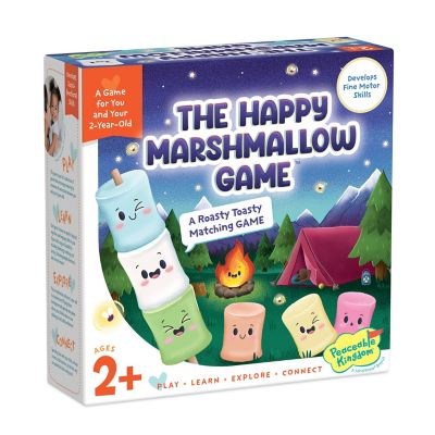 The Happy Marshmallow Game by Peaceable Kingdom is a colorful, engaging game for kids ages 2 and up. The game features cute marshmallow characters, a camping scene, and encourages fine motor skills through playful matching activities. The packaging highlights the fun and educational aspects of the game, promoting play, learning, exploration, and connection among players.